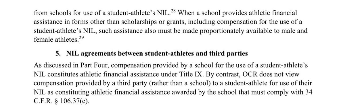 WinterSportsLaw's tweet image. The Dept of Ed issued a memo today clarifying how it will apply Title IX to NIL $ schools pay to athletes.

Its conclusion: NIL compensation must be made proportionately available to male &amp;amp; female athletes.

This will change school rev-share plans.

And likely lead to litigation.