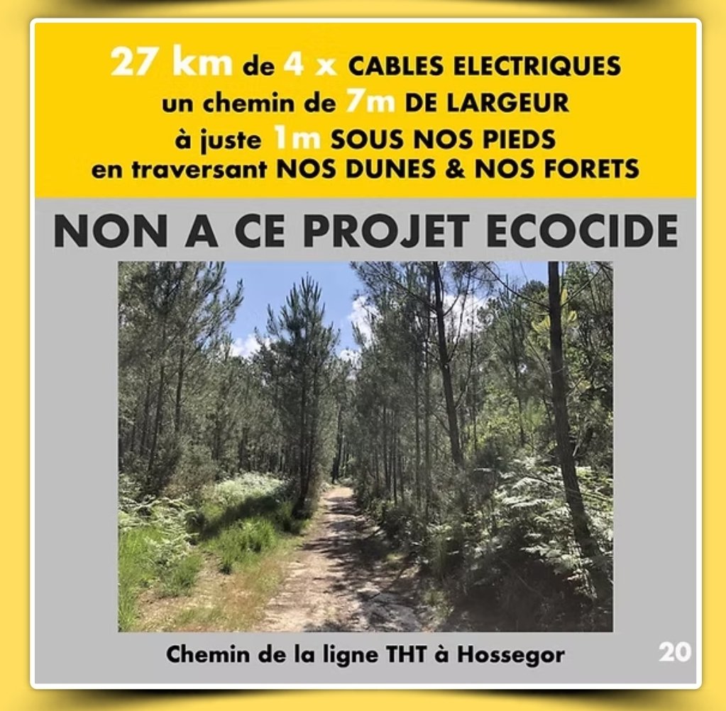 steph2440's tweet photo. Pour rappel: le collectif #StopTHT40 @StopTHT40 se bat contre le tracé de @rte_france car il existe une alternative le long de l'autoroute A63.
#RTE a pour projet de faire passer 400 000 volts entre #Seignosse et #Capbreton. 
400 000 volts du jamais vu sous 1m !
6/6 https://t.co/57bd1KT0dO