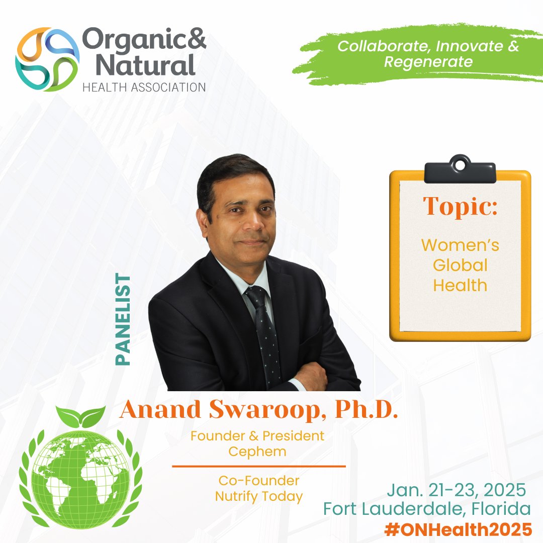 Get ready for an intuitive session! 🧘🏼‍♀️At the 10th Annual Organic and Natural Health Association Conference, Anand Swaroop, Ph.D., founder/president <a href="/Cephaminc/">Cepham</a> co-founder <a href="/NutrifyToday/">Nutrify Today</a> will share innovative approaches tailored to women’s unique health needs. 🌱💡🌴☀️ #ONHealth2025