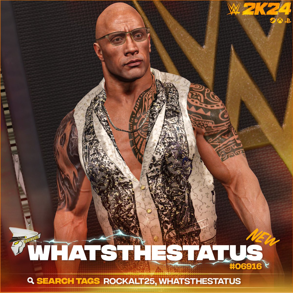 WhatsTheStatus's tweet photo. NEW! #WWE2K24 Upload To Community Creations!

★ The Rock '25 (InGame Model Edit)

★ Search Tag → ROCKALT25 or WhatsTheStatus
★ Collaboration → @GameVolt1
★ Support Me → https://t.co/20TSQS44GF

★ INCLUDES
● Custom Portrait (@DefiantDesign_ )
● Hidden Commentary (The Rock '24)
● Ring Announcer Name (The Rock)
● New Face Texture
● New Tattoo
● New Body Type
● New Beard
● Wrestlemania 40 Night 2 attire
● #WWERaw  The Rock Netflix Attire