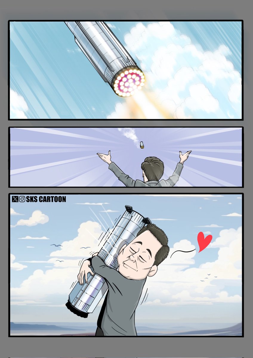 skscartoon's tweet photo. #starship7 booster successfully caught by the chopsticks, #Elon did it again!! https://t.co/kPIIgKUgL1