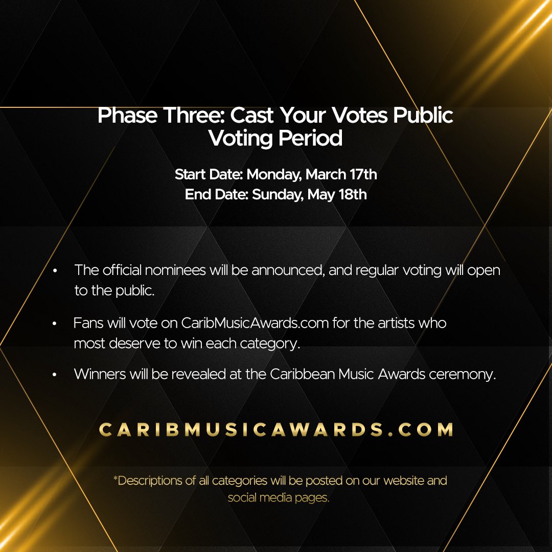 Be a Part of the Pre-Voting Process! Phase One Starts Today! 

Submit the names of Artists for Pre- Voting Round. 

For Pre-Voting Submissions visit CARIBMUSICAWARDS.COM  Click the link at the top for pre voting submissions. 

#CaribMusicAwards
#CaribbeanMusicAwards