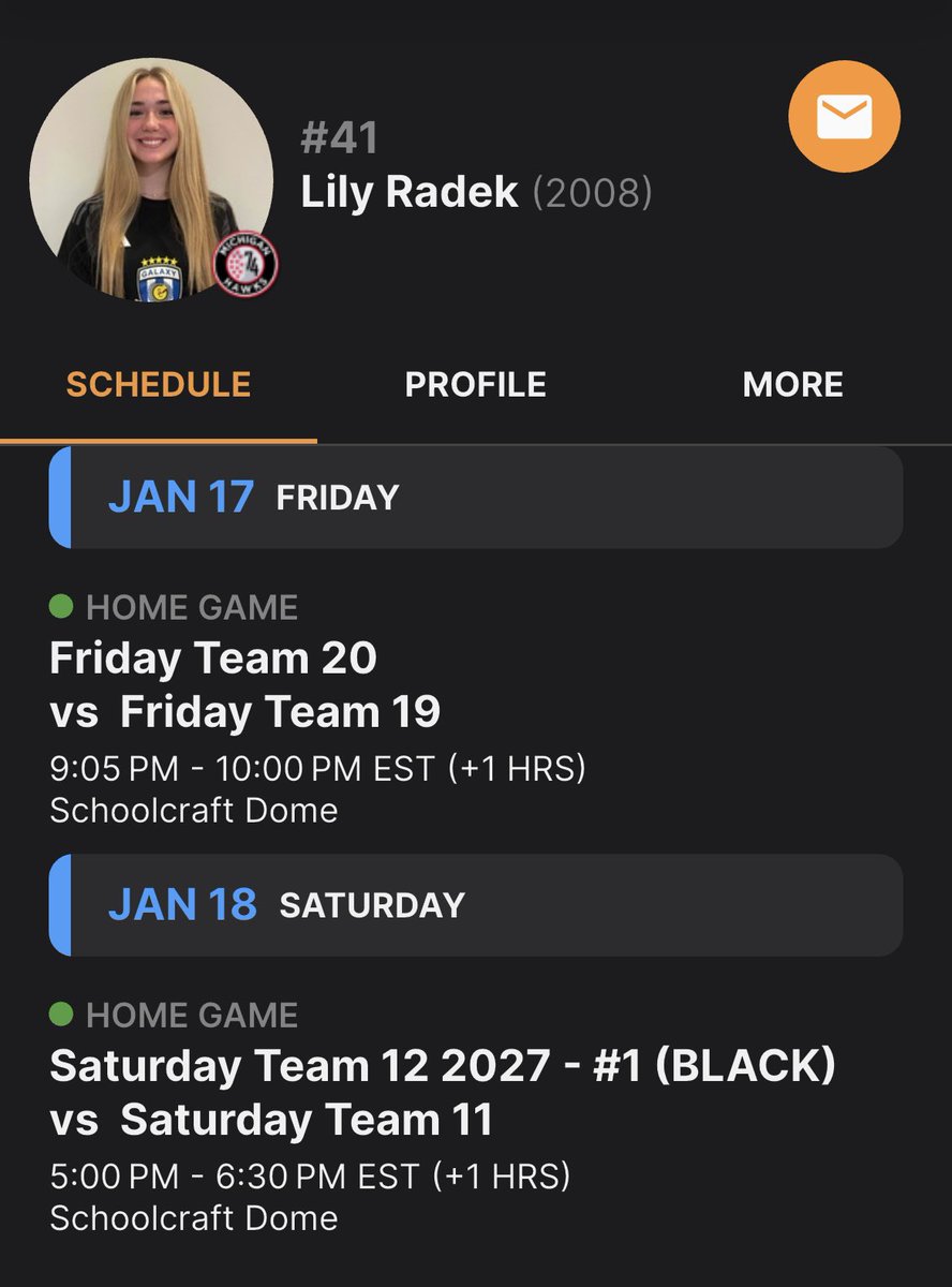 Can’t wait to head to Michigan this weekend in the Michigan Hawks combine wearing #41. Hope to see you there! 

<a href="/PrepSoccer/">Prep Soccer ⚽️</a> <a href="/ImYouthSoccer/">ECNL/GA/Recruiting/College Soccer</a> <a href="/GalaxySCIL/">Galaxy Soccer Club</a> <a href="/MIHawks1974/">Michigan Hawks</a> <a href="/GalaxySC_08GA/">GalaxySC 08 GA</a> <a href="/TopDrawerSoccer/">TopDrawerSoccer</a>