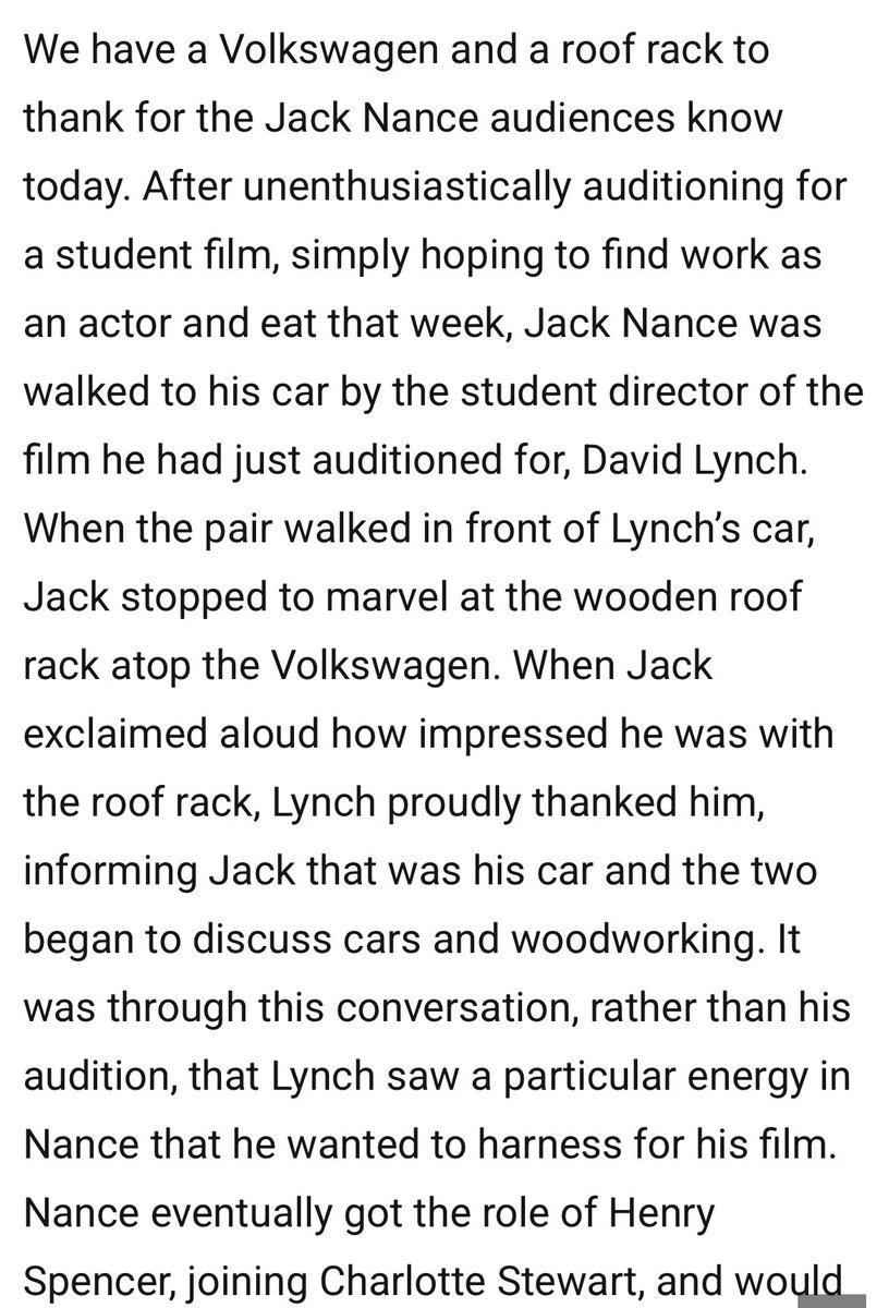 I saw David Lynch interviewed at the National Film Theatre when Blue Velvet was released. I remember the audience particularly enjoyed an anecdote about how his VW’s roof rack figured in the making of Eraserhead. He called  it “the real Philadelphia Story”
filmobsessive.com/film/film-anal…