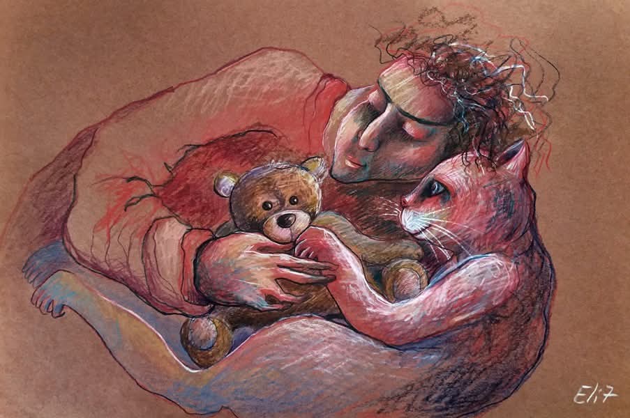 SLEEPYTIME TALE
(Elisheva Nesis, Paper/pencils, 18'' x 12'' (approx. 45 x 30 cm)

#love #artwork #fairytale #comfort #catlovers #cat #taddybear #art #elishevanesis #sleepytime
