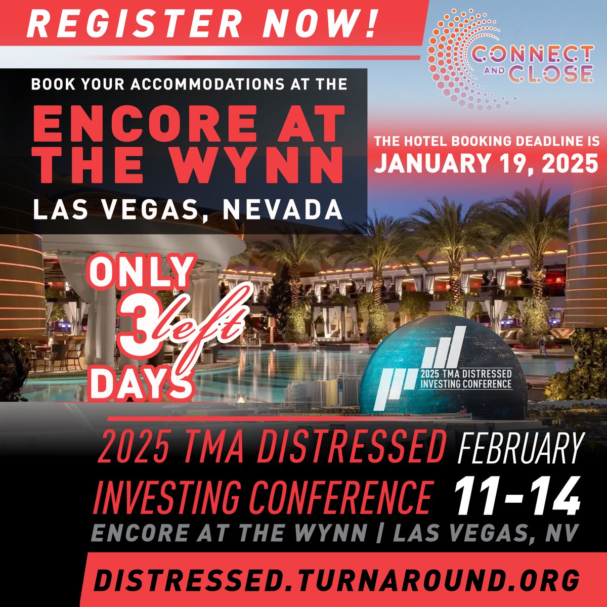 Our room block for the 2025 TMA Distressed Investing Conference is 90% full.  Don't miss out on the special rates, reduced resort fees, and the convenience of staying close to the action. With just 3 days left to book, secure your spot now. Visit: distressed.turnaround.org