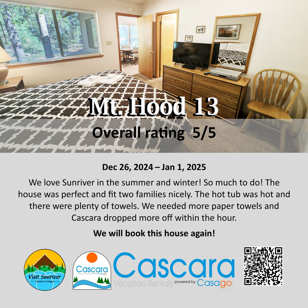 CascaraSunriver's tweet photo. Getting through all the amazing reviews from the Holidays has been really fun, if not a long process.  But, we have been compiling them and getting them ready for this!  Here's number 1: Mt Hood 13. https://t.co/nxpyhlqqco https://t.co/vcZqwh174u