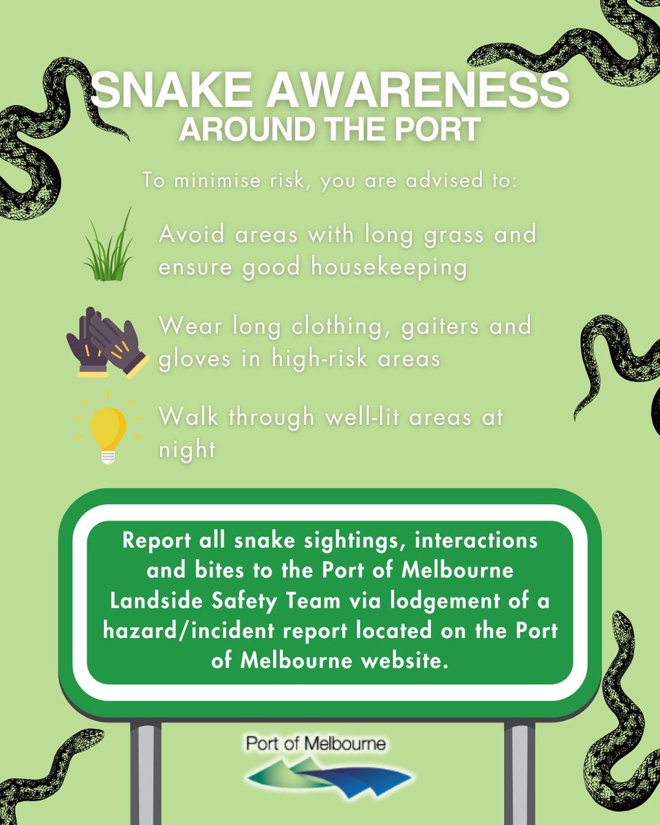 The warmer months are here; and the snakes are out! 🐍
It's important for everyone working and visiting the port to be aware of the potential hazards posed by snakes.

Safety is a priority in all areas around the port, and we encourage you to be especially mindful of the