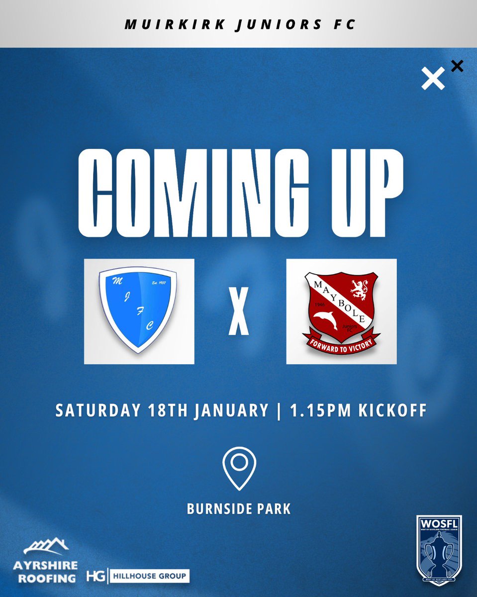 Muirkirk Junior FC (@muirkirkjfc1937) on Twitter photo It’s WoS Cup action on Saturday as we host <a href="/maybolejnrsfc/">Maybole Juniors Football Club (The Bole)</a> in our re-arranged last 16 tie. Please note season tickets are not valid for this match. It’s WoS Cup action on Saturday as we host <a href="/maybolejnrsfc/">Maybole Juniors Football Club (The Bole)</a> in our re-arranged last 16 tie. Please note season tickets are not valid for this match.