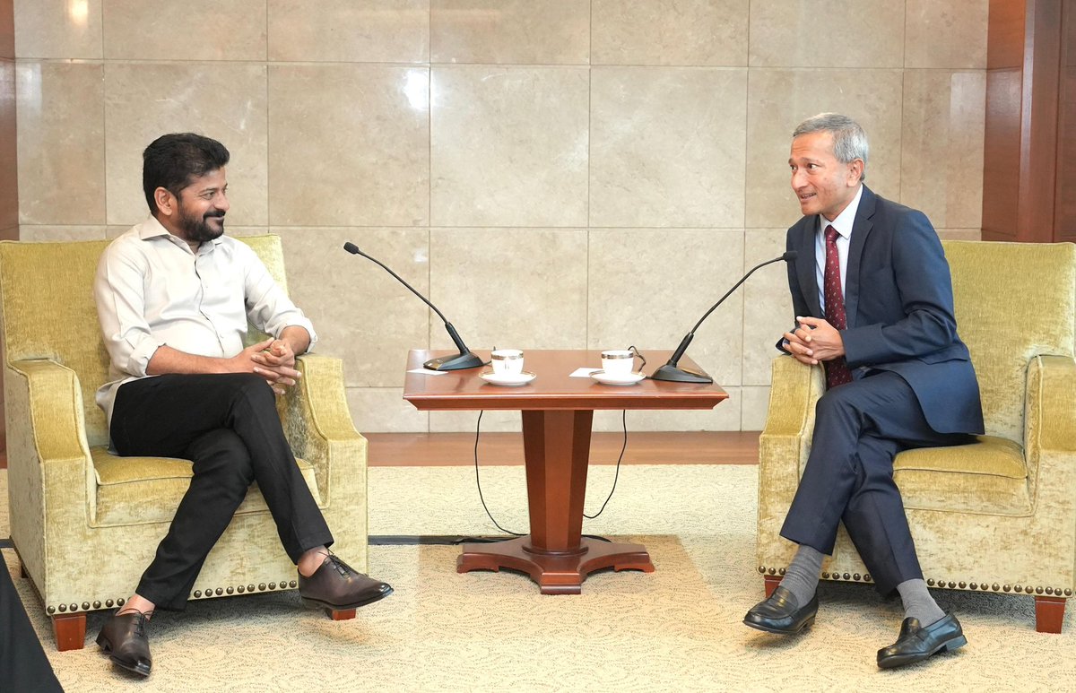 revanth_anumula's tweet photo. We began our two-nations tour in #Singapore with a very engaging, fruitful and wide-ranging discussions with the amazingly insightful Indophile, Dr Vivian Balakrishnan, Foreign Affairs Minister, Government of Singapore.

We converged on forging a broad, long-term partnerships covering infrastructure building, energy, sustainable initiatives in green energy, water management, river rejuvenation, tourism, education and skills building, IT parks, among others.

Looking forward to great success with many ambitious engagements ahead today. 

Will share more details soon… Team #TelanganaRising is rushing for the next meeting.

@TelanganaCMO