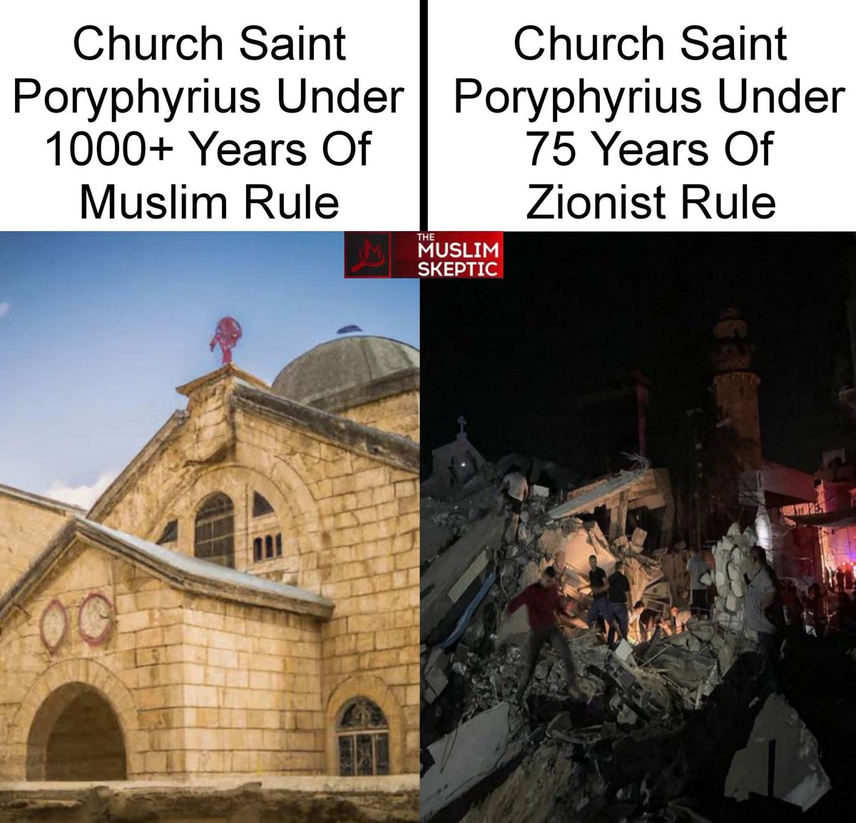 The Church of St. Porphyrius in Gaza — the third oldest church in the world — was bombed by Israeli warplanes using bombs you sent them, killing 16 Palestinian Christians.

You didn’t even make a statement about it.