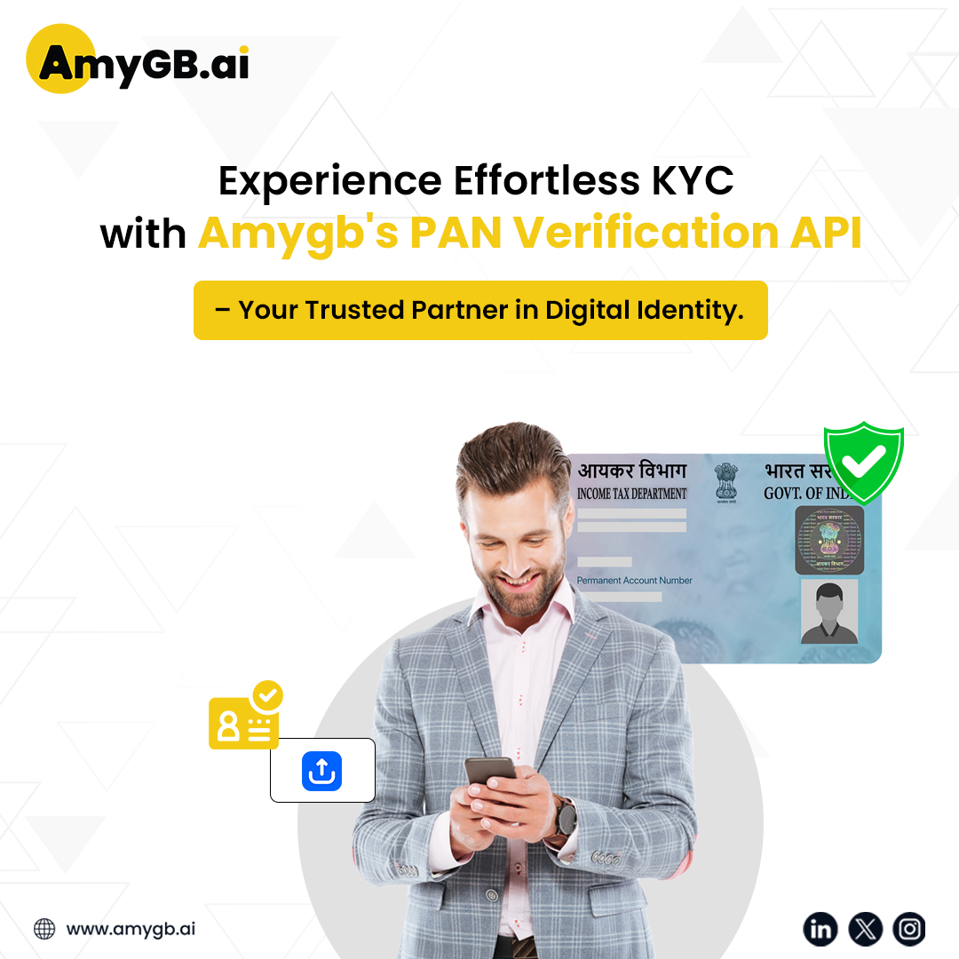 AmyGBai's tweet image. Simplify KYC with Amygb's #PANVerificationAPI. Instantly verify PAN details and access crucial data like name, age, and financial status for seamless, secure customer onboarding. Fast, accurate, and reliable.
Get started today. ow.ly/YSix50UGM7Q
#KYC #APIIntegration