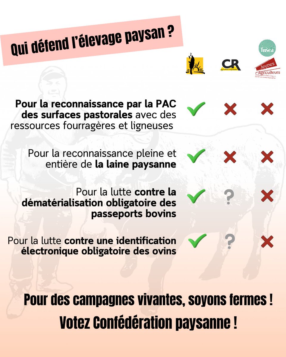 👀Sur l'élevage, qui défend quoi ?
Les ✅= accord avec la formulation
Les ❌=  opposition du syndicat à la revendication.
Les❓= position incohérentes ou floue du syndicat.
📩 Du 15 au 31 janvier 2025, pour défendre l'élevage,  je vote <a href="/ConfPaysanne/">Conf' Paysanne</a> !