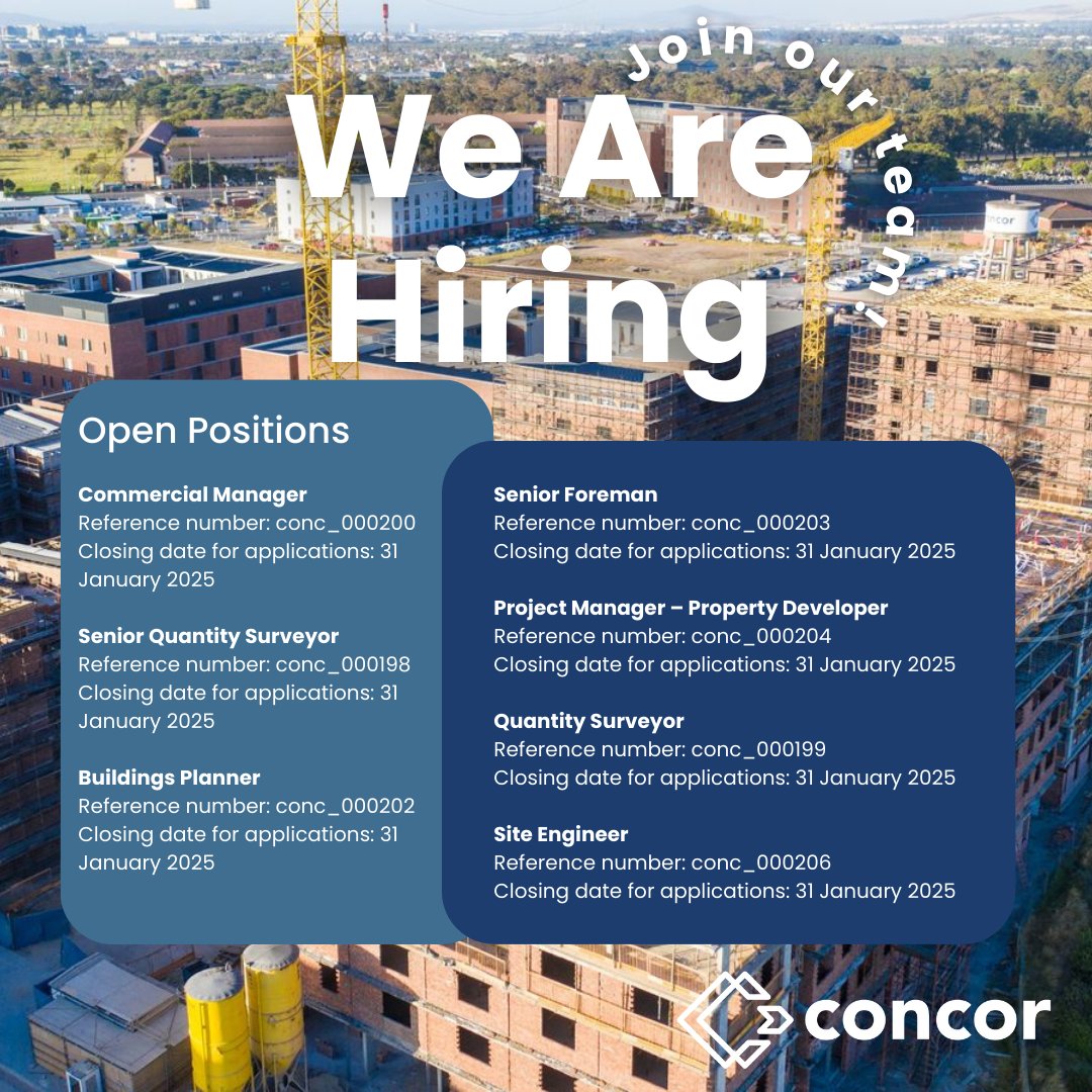 ConcorConstruct's tweet image. Take a moment to explore the latest career opportunities at Concor Construction and kick-start your year on the right path! Applications via online link only. For more information and to apply online visit: careers.concor.co.za/applicant/inde…
 
#Concor #Construction