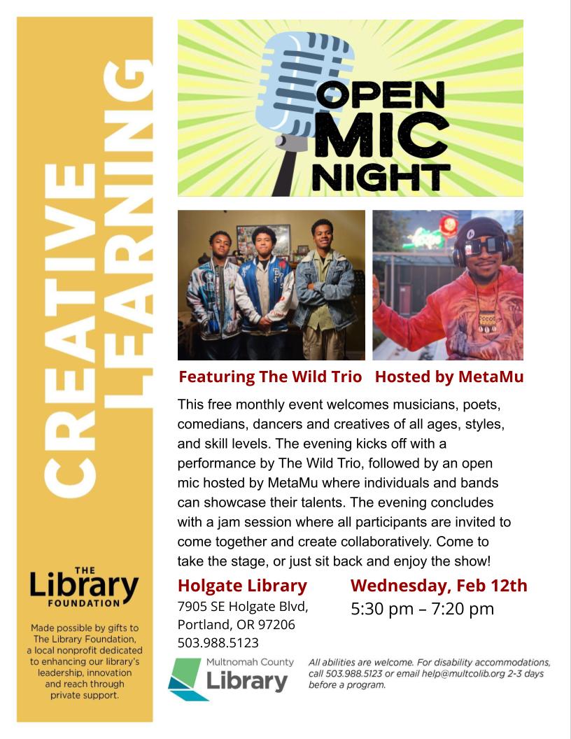 Join our founder @Metam00, MC for Holgate's Open Mic Night! 

Our featured artist is a talented band of young men playing jazz classics! Come &amp; listen or share a song, poem, spoken word, dance, or any performance art!

When- Wednesday, February 12th,
5:30-7:20pm 

Where- Holgate