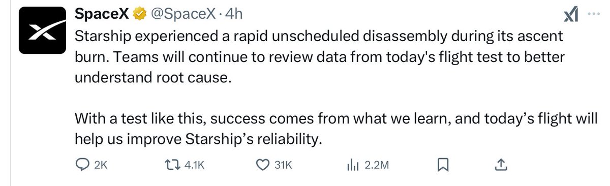 A new euphemism classic: “a rapid unscheduled disassembly.” 

= The SpaceX rocket blew up.