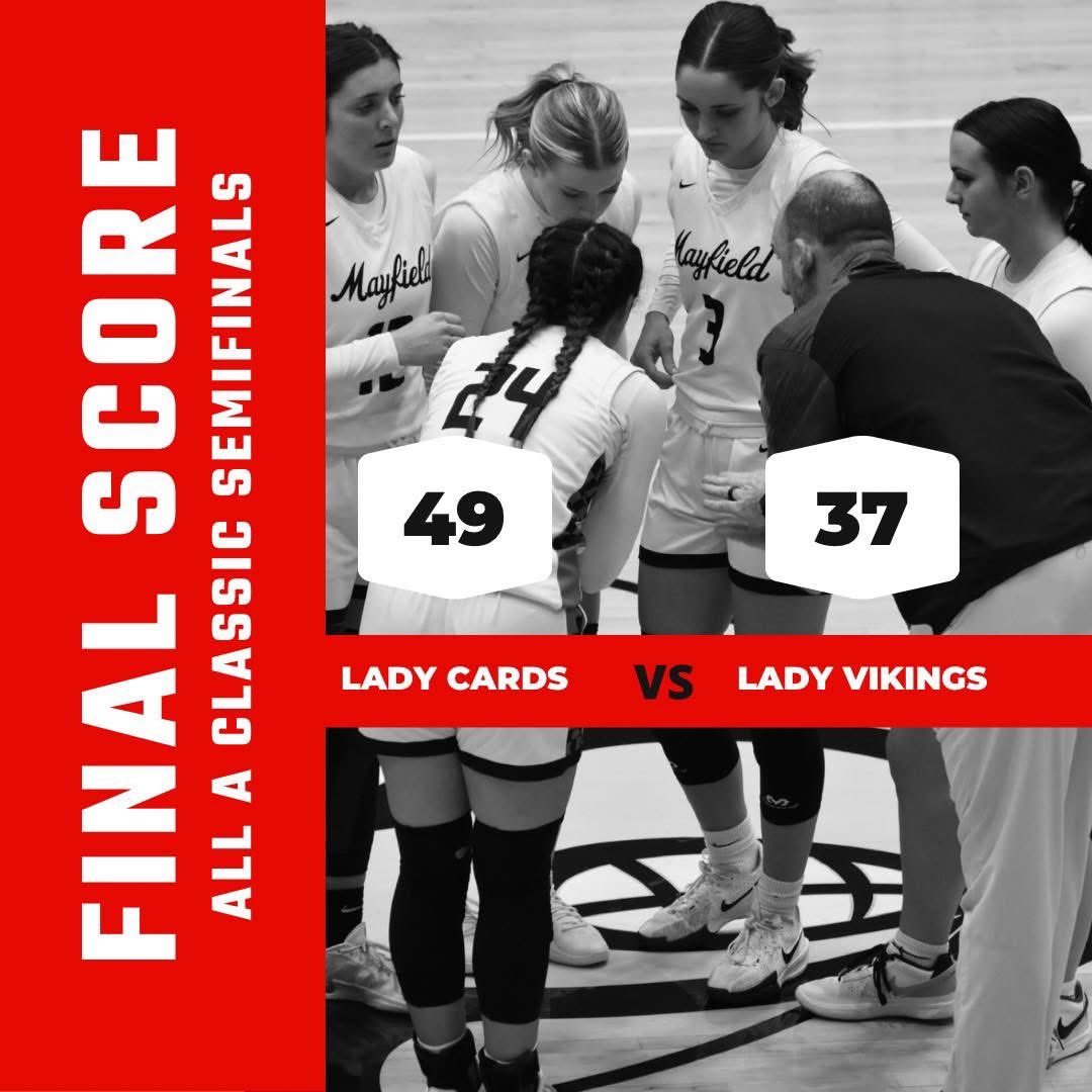 The Lady Cards picked up a win tonight for the All A Semifinals! 

Lay Mayes 26
Ally Creason 14
Keely Henson 9

The Lady Cards are back in action for the finals of the All A on Saturday night at 5:30.