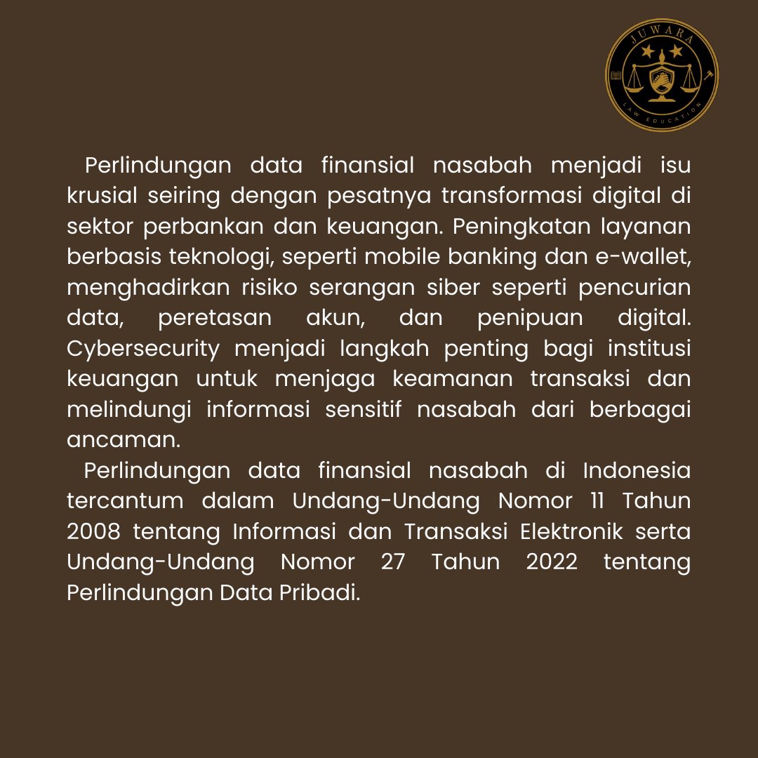 juwaralaw's tweet photo. #hukumpidana #hukumperdata #cybersecurity #perlindungan #datafinansial https://t.co/uVuHaIuoqI