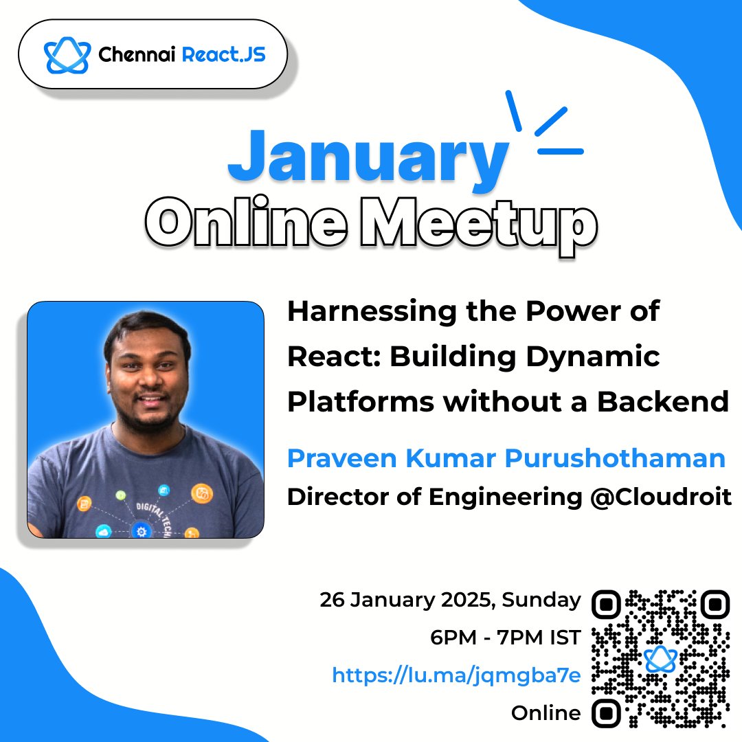 Chennai React (@chennaireact) on Twitter photo Get ready for our first <a href="/chennaireact/">Chennai React</a> event of the year!🤩
We are super excited to have <a href="/praveenscience/">Praveen Kumar Purushothaman</a>, Director of Engineering, YouTuber, and an incredible mentor as our speaker.
🗓 Sunday, January 26, 2025
🕓 6 PM - 7 PM IST
📍 Online
Register here: lu.ma/jqmgba7e Get ready for our first <a href="/chennaireact/">Chennai React</a> event of the year!🤩
We are super excited to have <a href="/praveenscience/">Praveen Kumar Purushothaman</a>, Director of Engineering, YouTuber, and an incredible mentor as our speaker.
🗓 Sunday, January 26, 2025
🕓 6 PM - 7 PM IST
📍 Online
Register here: lu.ma/jqmgba7e