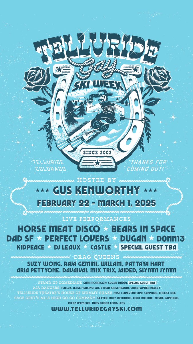 TellurideGaySki's tweet photo. Join us in our mountain paradise on Feb 22 - Mar 1, 2025 for Telluride Gay Ski Week featuring live performances from music icons, Olympians, stand-up comedians, drag queens, burlesque dancers, go-go’s and so much more. Tickets on sale now! https://t.co/HHBLOfbP9t