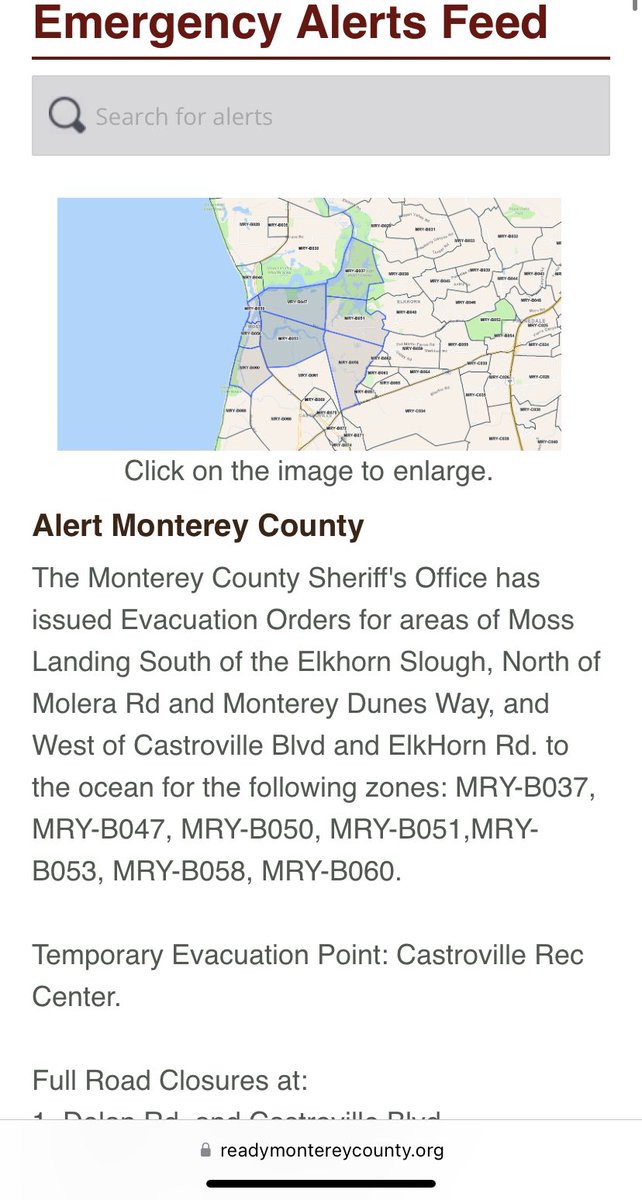 RadarSCM's tweet image. Looking at the Moss Landing evacuation map and hoping that the person who listed the evacuation zones in text wasn’t also responsible for sending out the emergency alert… MRY-B056 is obviously part of the order due to location.