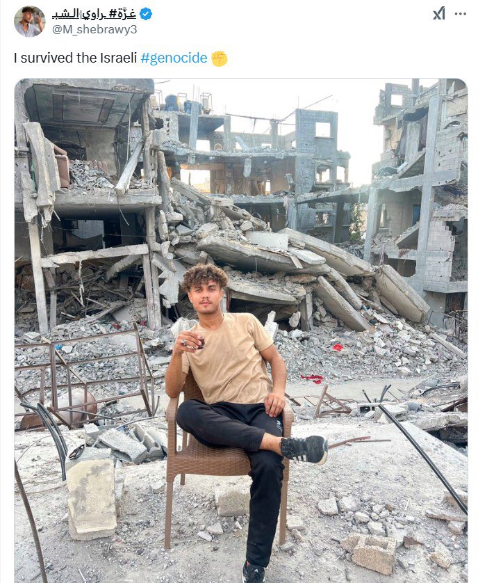 So many pro-Israel folks are annoyed by this picture; these despicable people are bothered that Palestinians remain strong and resilient despite the horrors they’ve endured.

May this young man live to rebuild Gaza, see a free Palestine, and retain his pride and resilience.