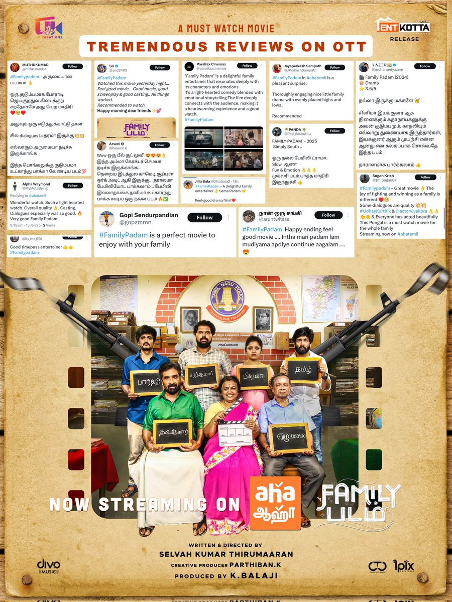 selvah_k_thiru's tweet photo. #FamilyPadam Ruling Over The Top and winning Hearts❤️!! 
Thank you all for the overwhelming Response!!

Now Streaming on @ahatamil
@producerbazaar @UKCreationsoffl  @balaji4886 #IpixCreations @selvah_k_thiru
@udhaykarthik5 @actorvivekpra @parthikumar_90  @onlynikil @ajesh_ashok https://t.co/o5DSI0mVpS