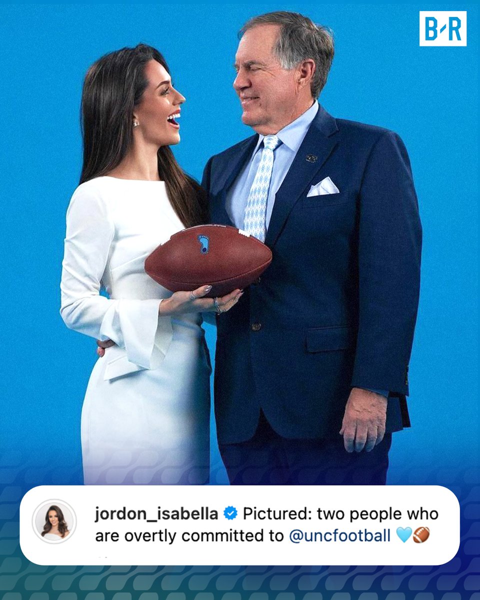 BleacherReport's tweet photo. Bill Belichick’s girlfriend, Jordon Hudson, shuts down rumors of him not being committed to UNC 🙌

Chapel Bill is LOCKED IN 🐏

(via @uncfootball) https://t.co/wvj92nNXHi