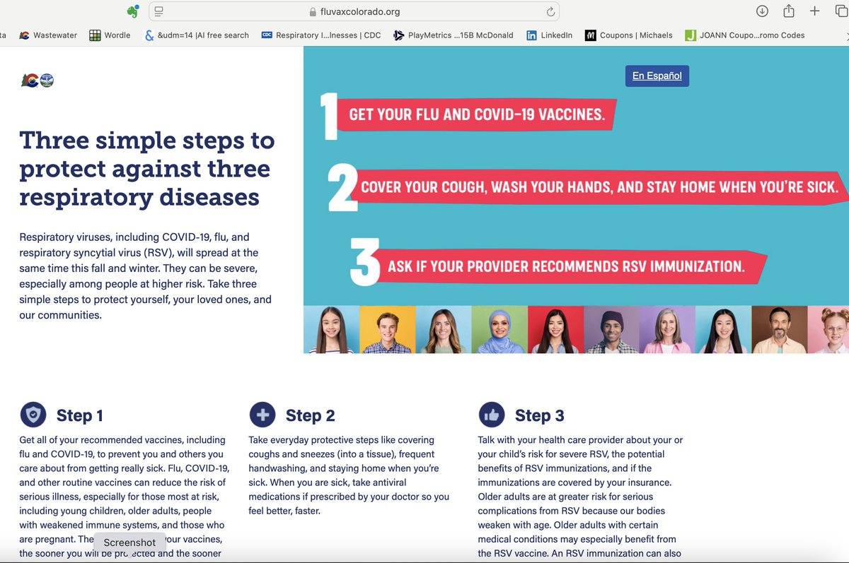 CCSDMaskUp's tweet image. CDPHE &amp;amp; CDC to dedicated an entire website to preventing Flu, COVID &amp;amp; RSV Infections.

Masks/respirators arent depicted or mentioned ANYWHERE on the page.  

Step 1: get you vaccines (GOOD)
Step 2: Cover your cough... but, if you're coughing it's already too late.
#WearAMask