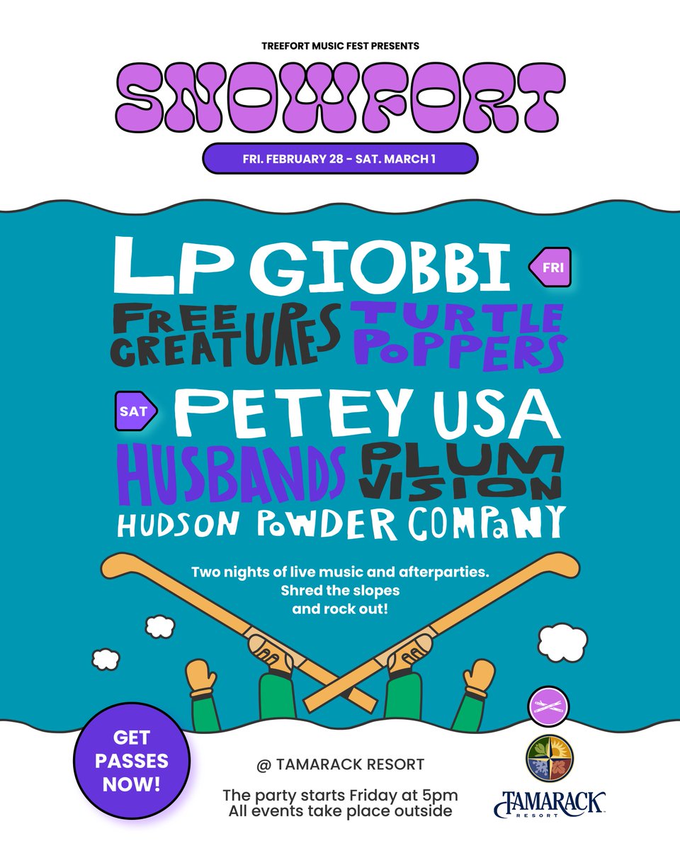 The Snowfort lineup has arrived! ❄️
Headlining the fest is “piano house queen”@lpgiobbi 
and indie-emo funny guy @petey_usa 
with sets from @husbandsokc <a href="/free/">Free</a>.creatures <a href="/plumvision/">Ewa Gregorek🕶🙆💂</a>.band @turtle_poppers and @hudson_powder_co 
Get your tickets NOW 👉 link.dice.fm/Snowfort