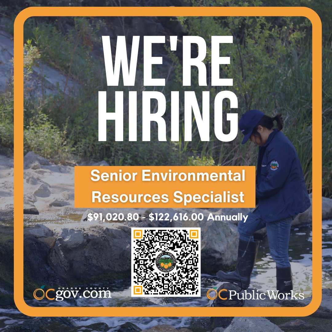 County of Orange, Human Resource Services (HRS) (@ocgovjobs) on Twitter photo Make an impact on the future of water quality in OC joining <a href="/OCpublicworks/">OC Public Works</a> as a Senior Environmental Resources Specialist!
Protect, Preserve, and Promote—Your Environmental Career Starts Here!
Apply now! governmentjobs.com/careers/oc/job…
#PublicWorksIsPublicFirst #JoinOCGov Make an impact on the future of water quality in OC joining <a href="/OCpublicworks/">OC Public Works</a> as a Senior Environmental Resources Specialist!
Protect, Preserve, and Promote—Your Environmental Career Starts Here!
Apply now! governmentjobs.com/careers/oc/job…
#PublicWorksIsPublicFirst #JoinOCGov