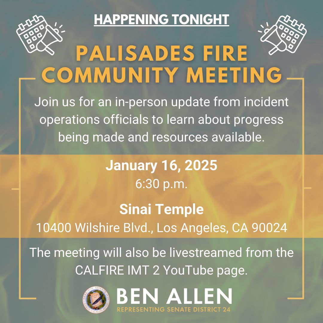 I'll be joining @Cal_Fire and more incident operations officials tonight at Sinai Temple for our Palisades Fire Community Meeting.

Come by to get your questions answered, or watch online at youtube.com/@calfireimt2390