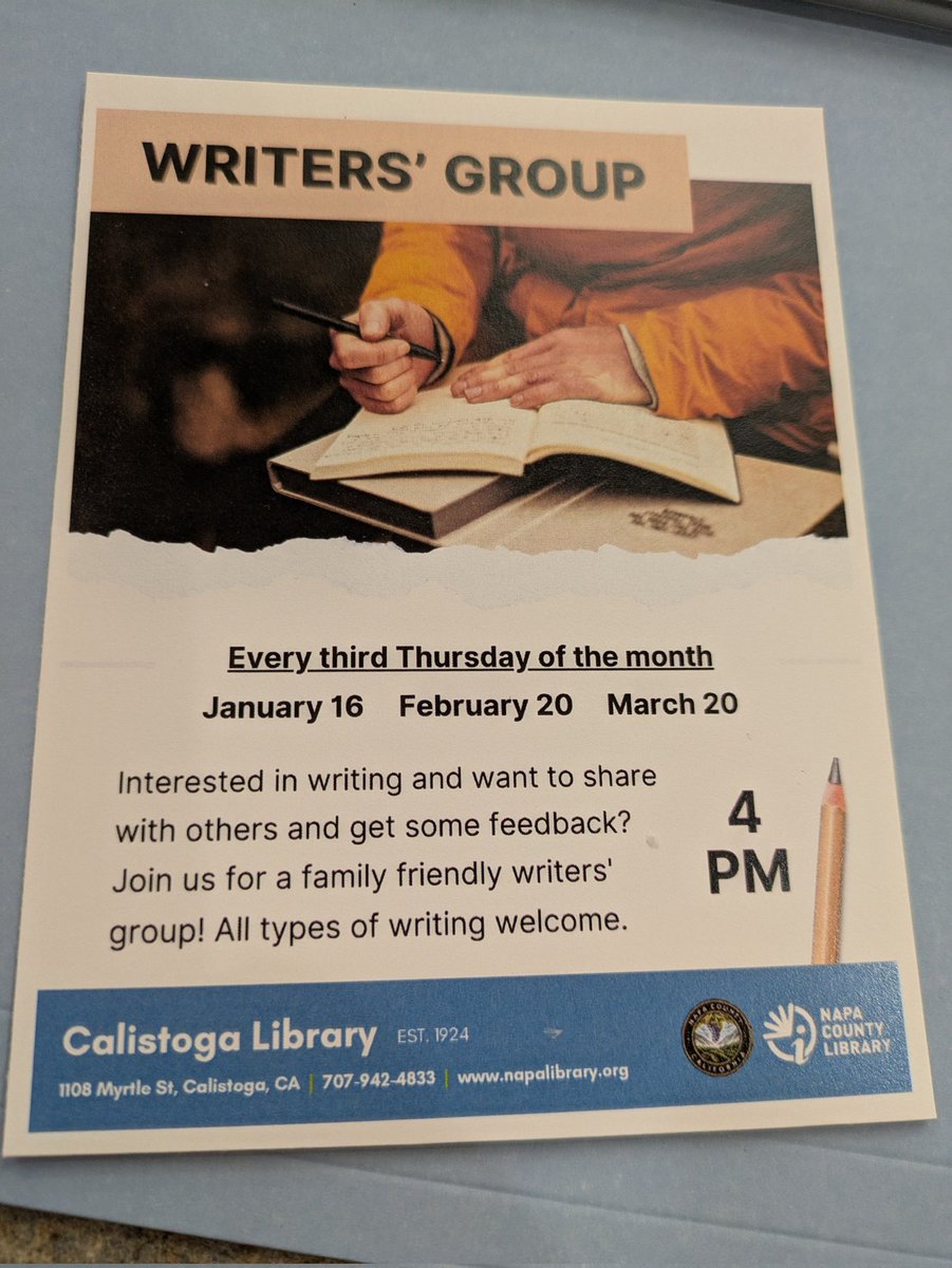 Tiffmeister's tweet photo. At my local library for the monthly #WritersGroup. So glad to see this now a regular thing at my local library. Also checking out some vinyl & returning read books. Love my local branch! #calistogalibrary #library #writing #writerslife #retired #retiredlife #calistoga https://t.co/a4eLqt5ccd