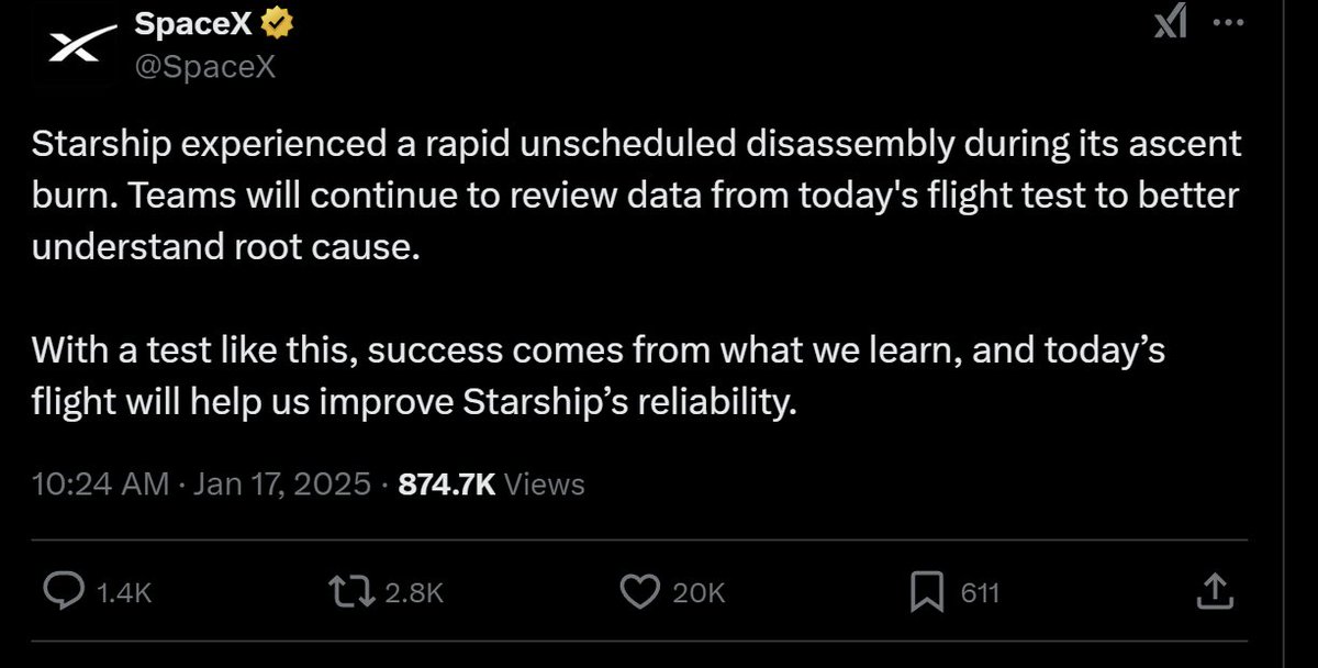 "a rapid unscheduled disassembly"? 

I think you mean it exploded.
