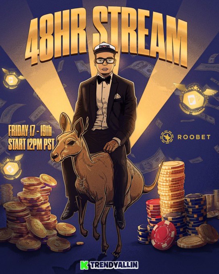 THIS WEEKEND STARTING AT 12PM PST
GAMBLING &amp; IRL CONTENT 
WEEKEND WITH TRENDY 🫡
LAWK IN !! 
LIKE + RT ( $100 one winner)