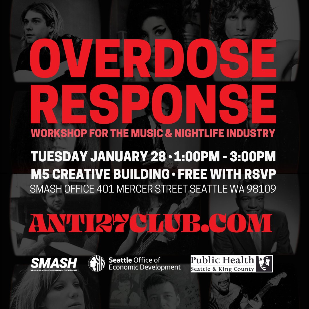 Join us for our FREE Anti 27 Club Overdose Response workshop on January 28th to learn how to spot and respond to an overdose. Every attendee will receive a free overdose response kit with Narcan and supplies. 

smashseattle.org/event-details/…