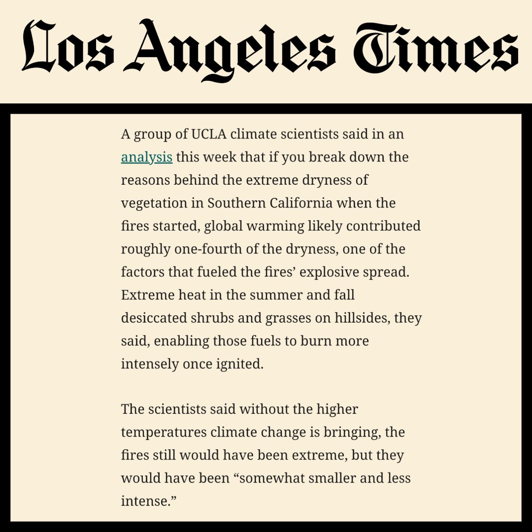.<a href="/latimes/">Los Angeles Times</a> covers <a href="/UCLA/">UCLA</a>'s recent report about climate change's role in the LA fires.

🔍Full story: latimes.com/environment/st… 

➡️More on UCLA's wildfire work: sustainablela.ucla.edu/cwri

Shout out to report coauthors <a href="/peedublya/">Park Williams</a>, <a href="/ProfAlexHall/">Alex Hall</a>, <a href="/GavinDayanga/">Gavin D. Madakumbura</a>, and <a href="/ChadThackeray/">Chad Thackeray</a>