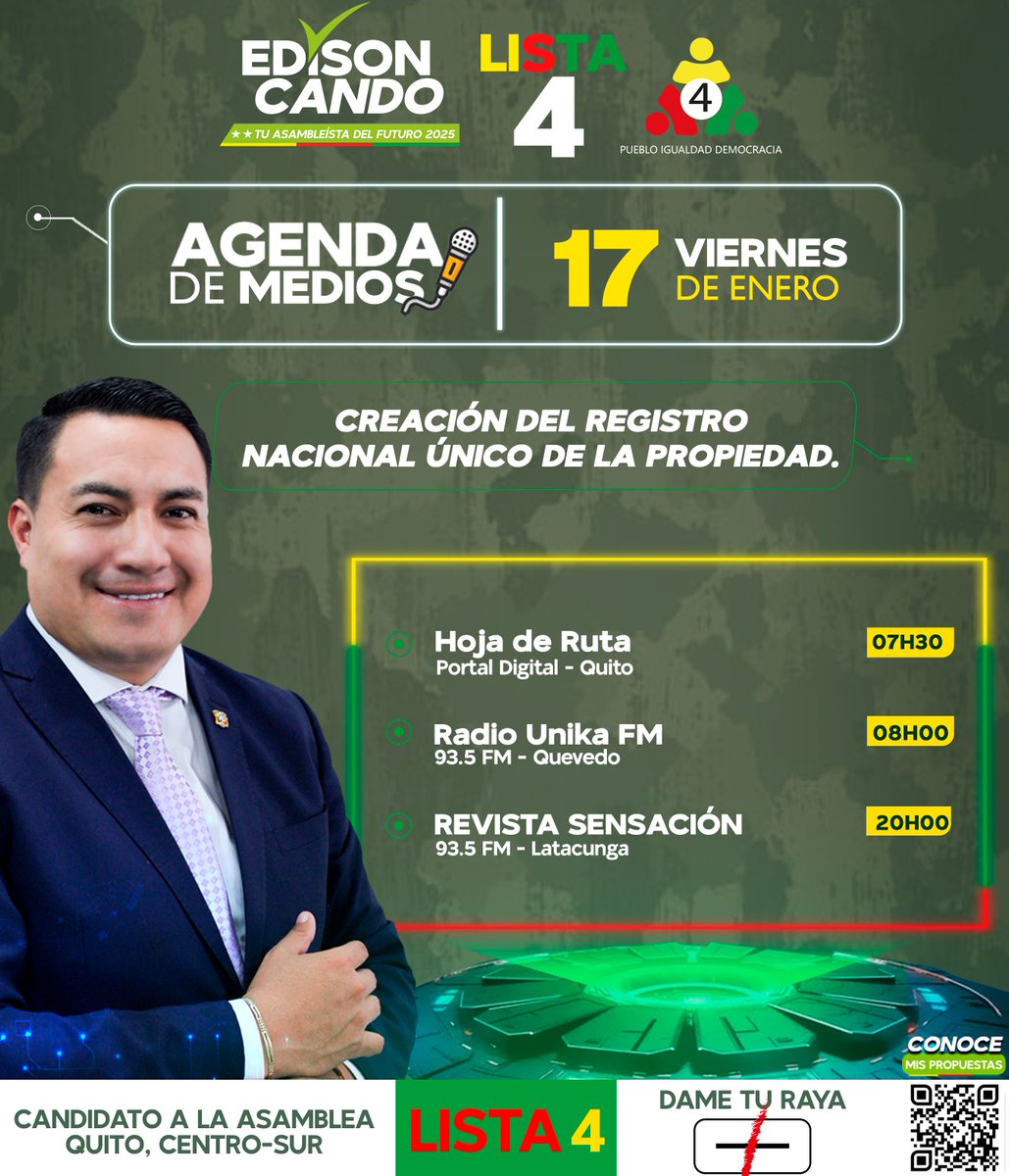 EdisonCandoEc's tweet photo. 💬 ¡Seguimos trabajando por un Ecuador más transparente! 🇪🇨✨

📆 Mañana jueves, Édison Cando continuará con su agenda de medios, presentando su segunda propuesta clave:

📜 Creación del Registro Nacional Único de la Propiedad 🏡🚗 https://t.co/yyH1szQAKt