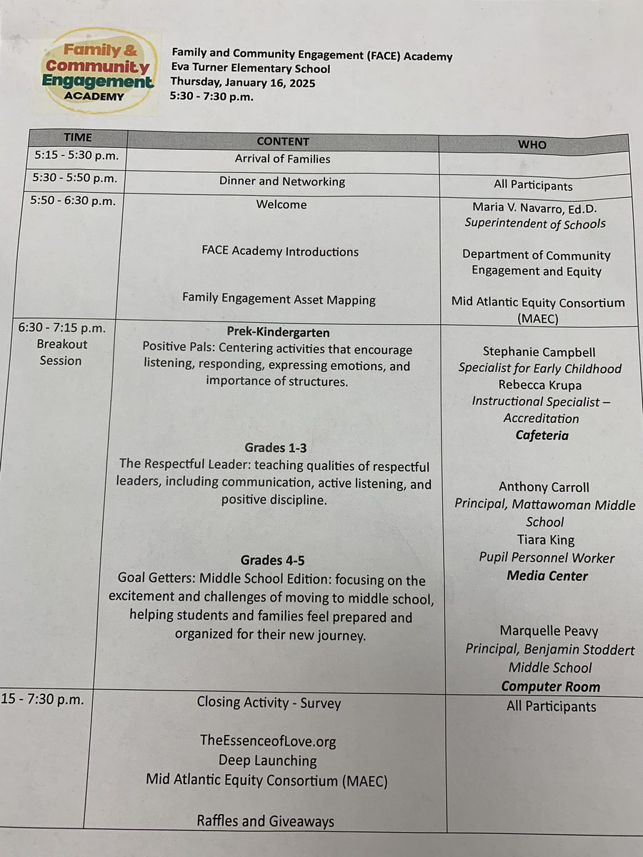 NavarroSupt's tweet photo. Big kudos to @CoEnEqCharles on their FACE Academy kick off happening @EvaTurnerTigers tonight with informative and engaging learning sessions for our parents and families! https://t.co/82wpj9aHVg