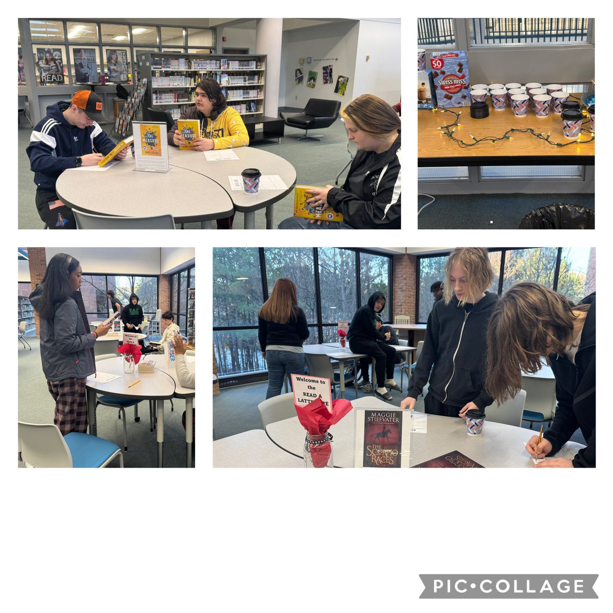 Welcome to the “Read A Latte Cafe!” Mrs. Powell’s 9th graders are selecting book club titles today in the library!