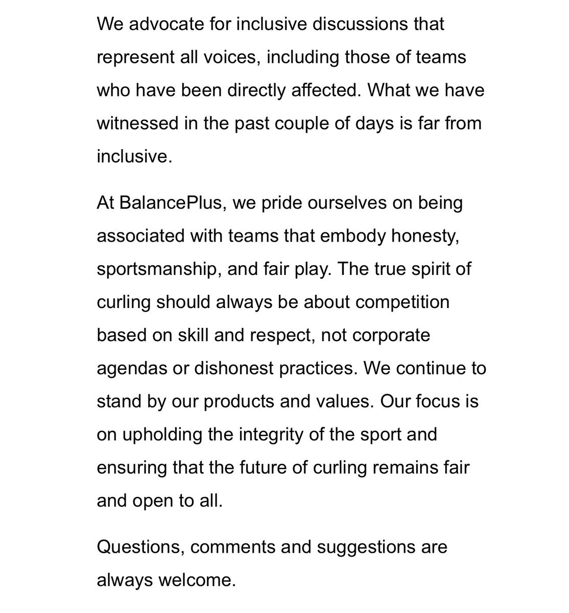 BalancePlus with a very pointed statement in the wake of the broom/foam controversy and Team Epping switching out their brooms for the Slam.

“They have been unfairly targeted by initiatives that prioritize brand competition over the spirit of curling.”

Full statement: