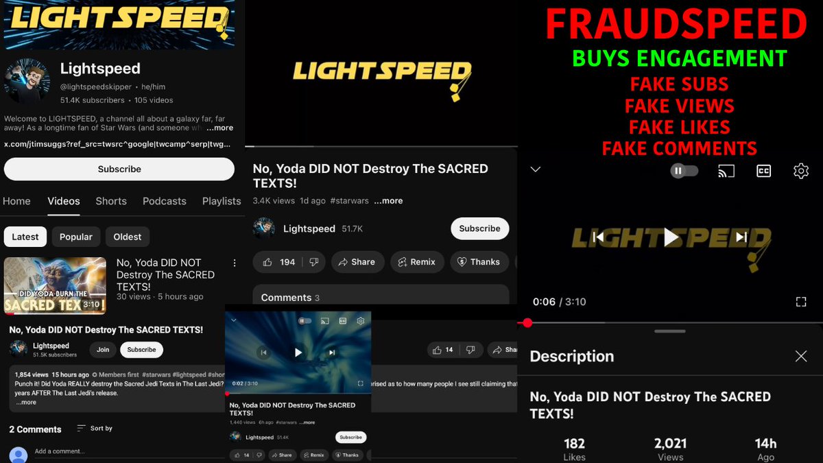 KnightsofMelvin's tweet photo. Jacob of Lightspeed is a clown. #FakeChannel All the engagement on his channel is purchased from a website. By artificially boosting his analytics, he presents the illusion of a successful channel. He hopes to appear worthy of exclusive top tier Disney Shill access! #Fraudspeed https://t.co/US6scVUjHX