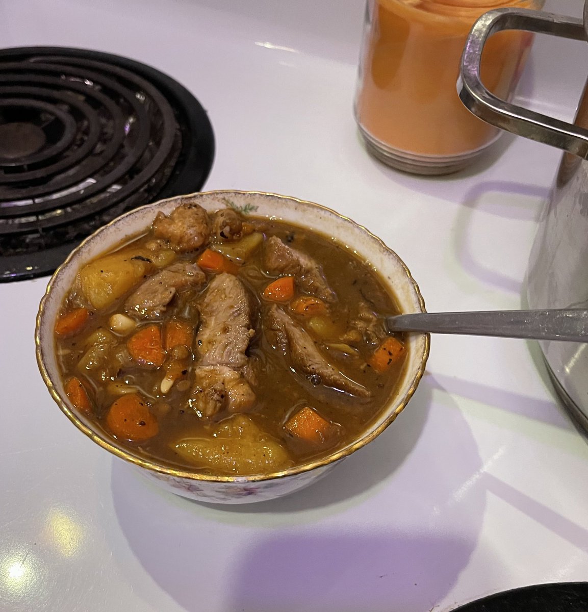 Made an extremely crazy stew cuz Im sick 
Its very sweet , I made a combo pho broth but with a classic irish stew.  Meat is pork shanks off the bone cut into slices