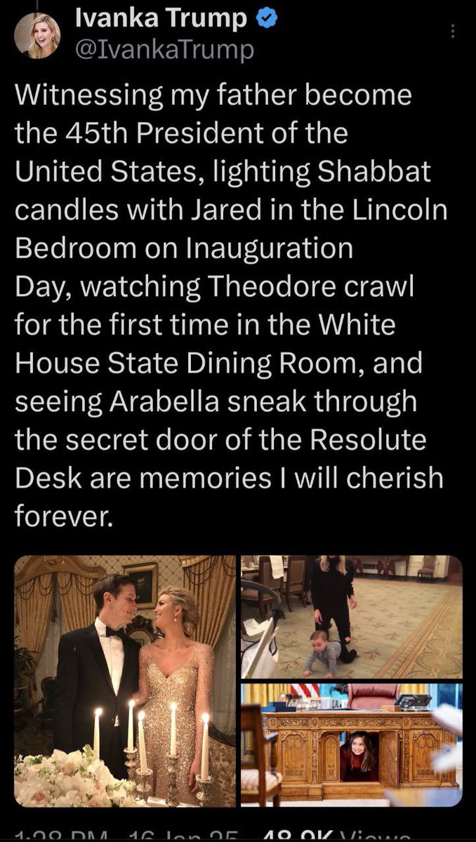 LightOverLies's tweet image. Ivanka Trump posted memories from her dad's inauguration, one of the pics was her daughter underneath the resolute desk, the same desk JFK Jr was shown in. Also, if you look closely the photo is at camera gallery 69…🔥🔥
#EverythingHasMeaning #ThereAreNoCoincidences #DirectComms