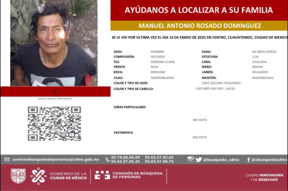 Solicitamos su valiosa ayuda, para obtener información que pueda ayudar a localizar a la familia de Manuel Antonio Rosado Domínguez.

Si posee algún tipo de información, favor de compartirla al numero telefónico 5574-6884-00.

#HastaEncontrarles #BúsquedaOaxaca