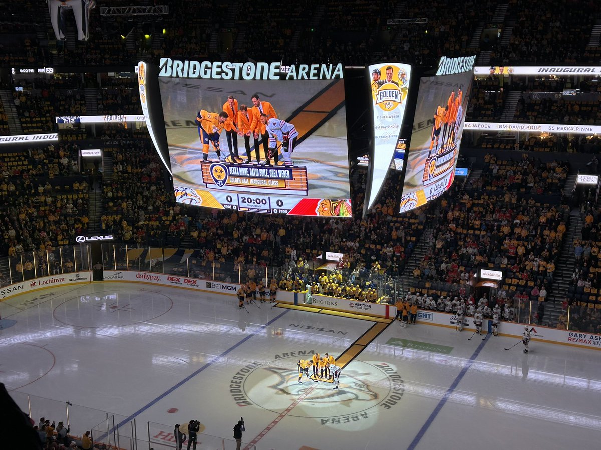 brooksbratten's tweet photo. David Poile, Shea Weber and Pekka Rinne honored as the inaugural class of the #Preds Golden Hall - and a ceremonial puck drop between Roman Josi and Seth Jones. https://t.co/Bxs5LfvHyy