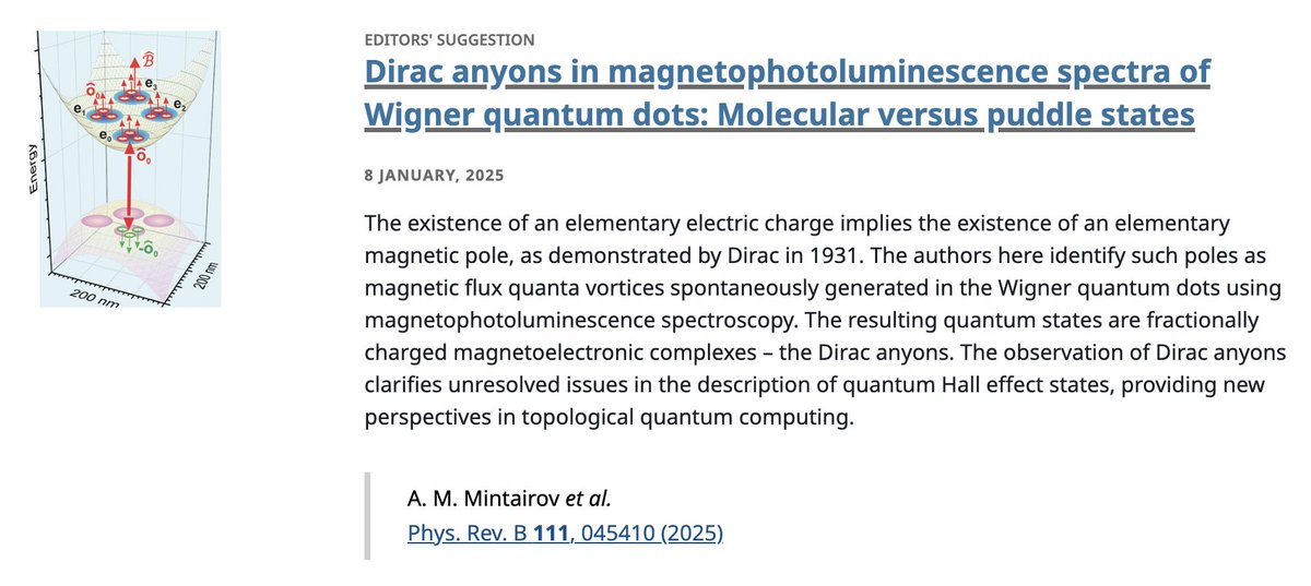 PhysRevB's tweet photo. PRB Editors' Suggestion: #Dirac #anyons in #magnetophotoluminescence spectra of #Wigner #QuantumDots: Molecular versus puddle states
A. M. Mintairov, V. Yu. Axenov, D. V. Lebedev et al.,
Phys. Rev. B 111, 045410
➡️ https://t.co/0vQc5FhmOc
#EdSugg @APSPhysics #condmat #physics https://t.co/bJvFWkgUyx