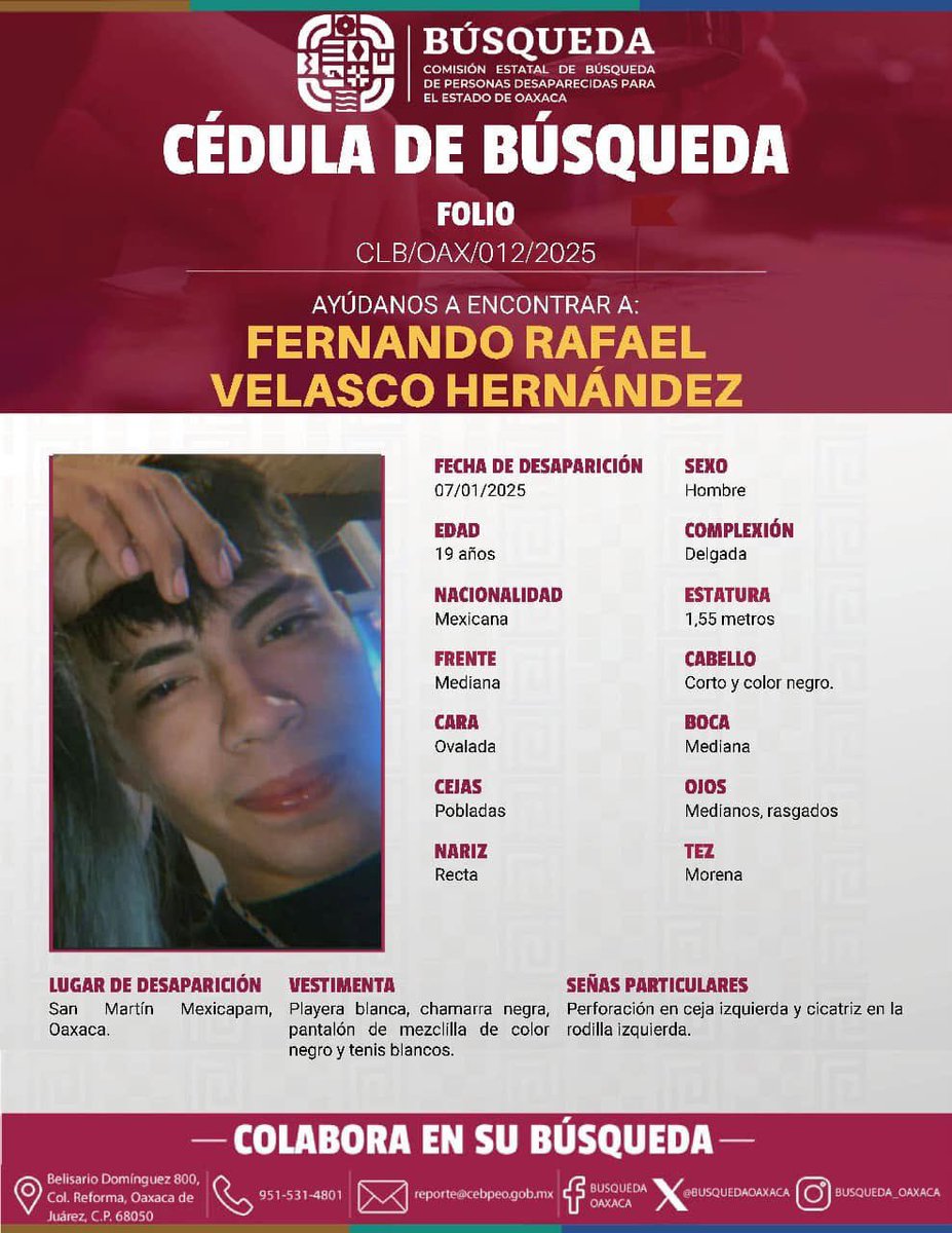 Solicitamos su valiosa ayuda y colaboración para localizar a Fernando Rafael Velasco Hernández. 

Si posee algún tipo de información que considere pueda apoyar a localizarlo, favor de compartirla al número telefónico 9515314801 ó a través del correo: reporte@cebpeo.gob.mx 👩🏻‍💻