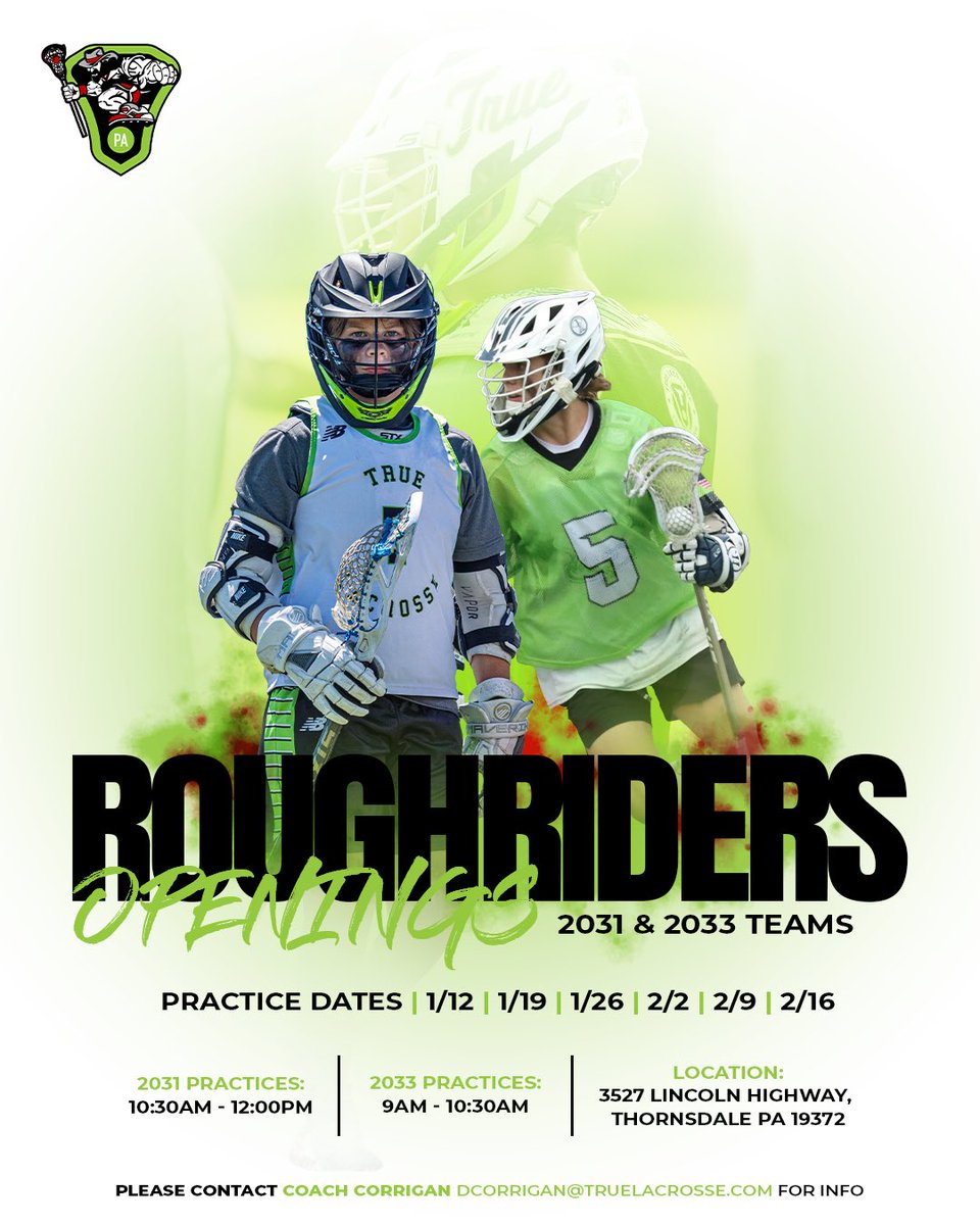 True Roughriders (@roughriderspa) on Twitter photo 2031’s and 2033’s that are still looking for a home this year let us know! Come tryout to be a Roughrider at some of our Winter Training Sessions!
Contact Coach Corrigan at dcorrigan@truelacrosse.com for more information.
#RideOrDie #TrueRoughriders 2031’s and 2033’s that are still looking for a home this year let us know! Come tryout to be a Roughrider at some of our Winter Training Sessions!
Contact Coach Corrigan at dcorrigan@truelacrosse.com for more information.
#RideOrDie #TrueRoughriders