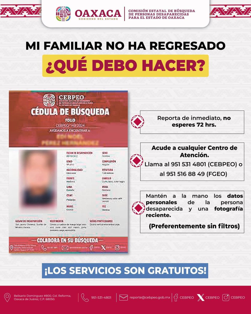Las primeras horas en que ocurre una desaparición, son sumamente importantes. 

Por tanto, si tienes conocimiento de la desaparición de un familiar o persona conocida, sin importar las circunstancias, debes acudir de manera inmediata ante las autoridades correspondientes.